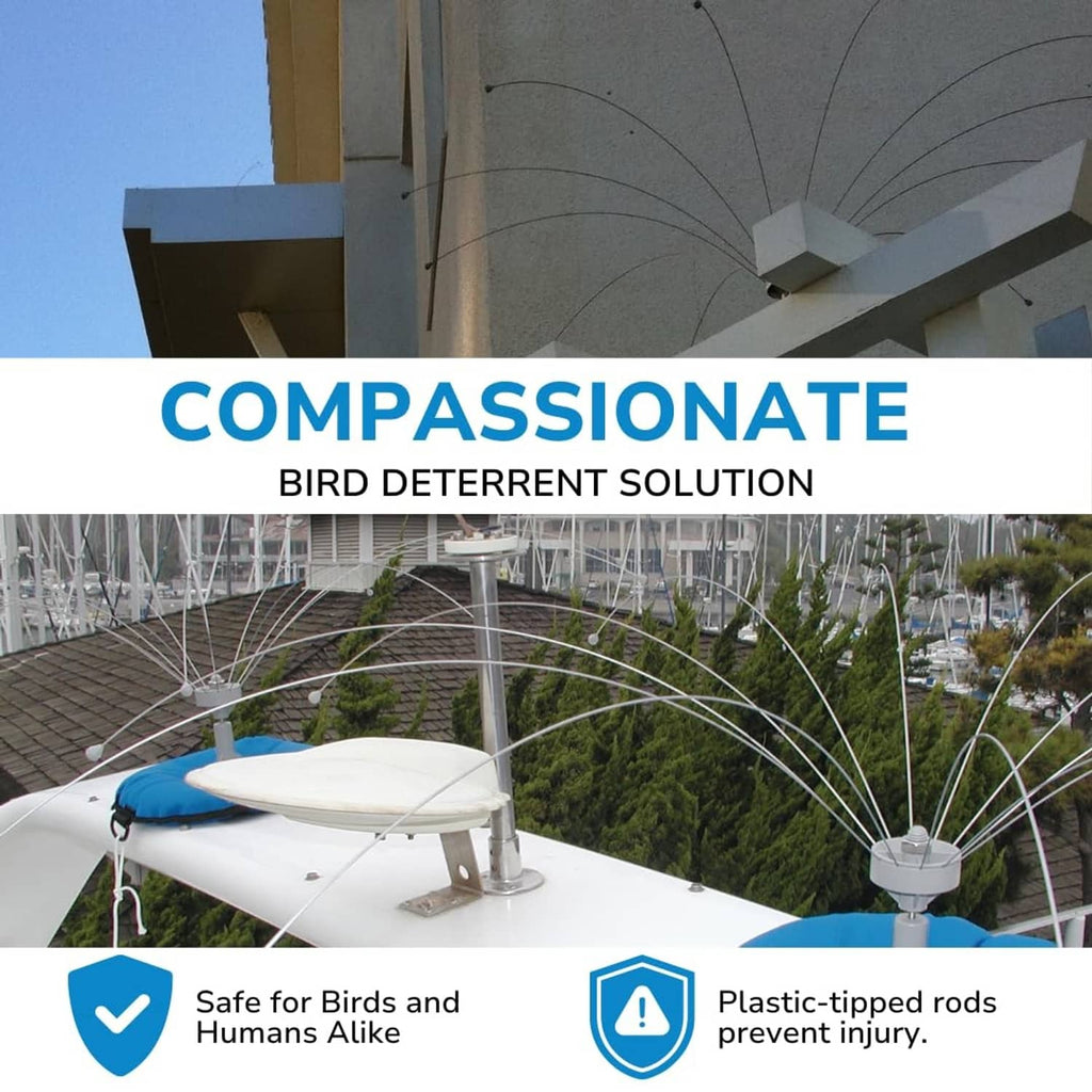 Bird deterrent spider with long wire legs mounted on a boat dock roof