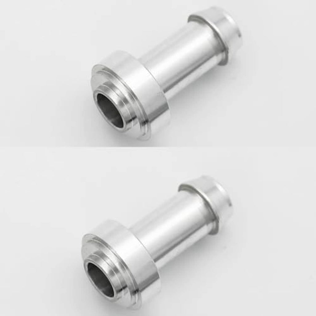 Silver weldable hose barb tail nipple fitting, side view of barbed inlet end