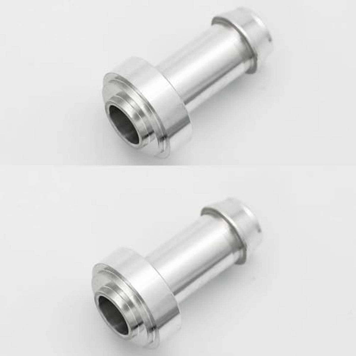 Silver weldable hose barb tail nipple fitting, side view of barbed inlet end