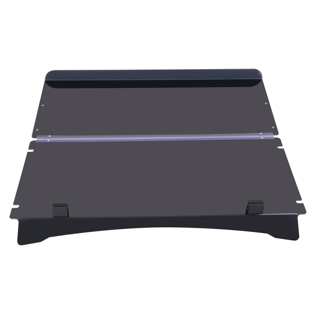 Tinted flip windshield screen in dark smoked finish with side mounting tabs.