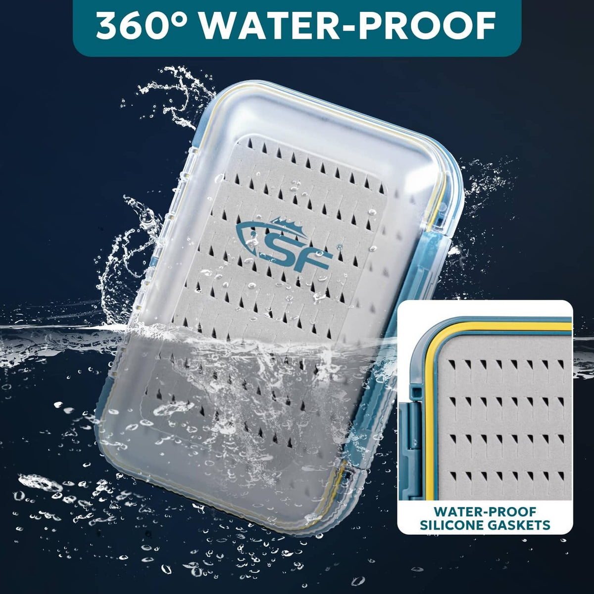 Waterproof fly box with clear lid, foam insert, blue frame, and silicone gasket seal