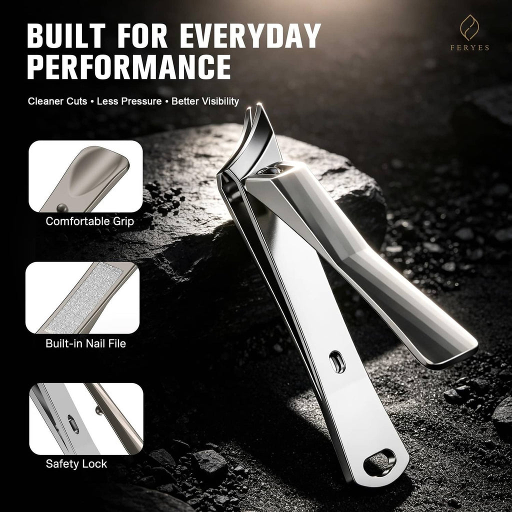 Ingrown toenail clipper with nail file and safety lock, metal finish.