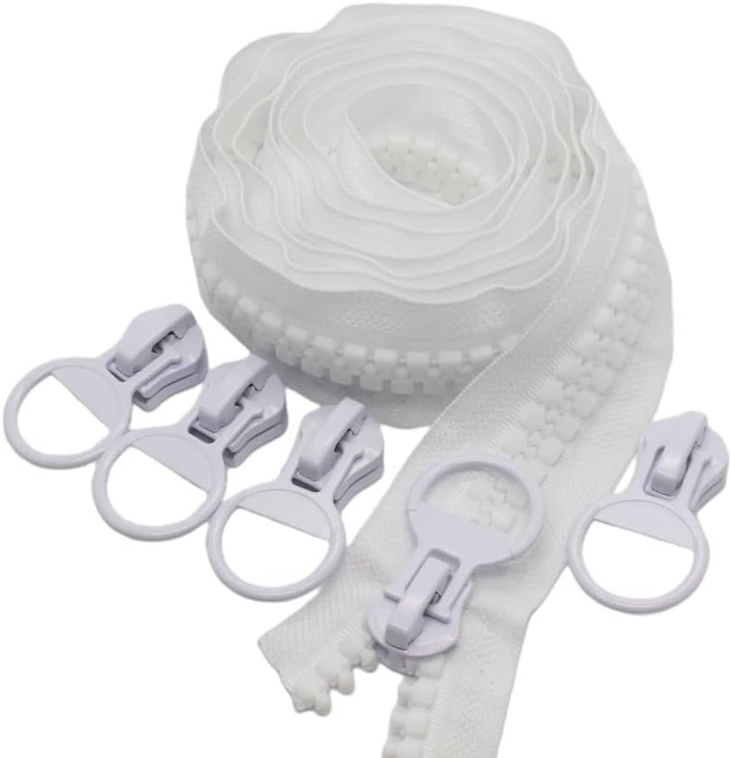 Heavy-duty white plastic zipper tape coil with 5 zipper pulls and sliders