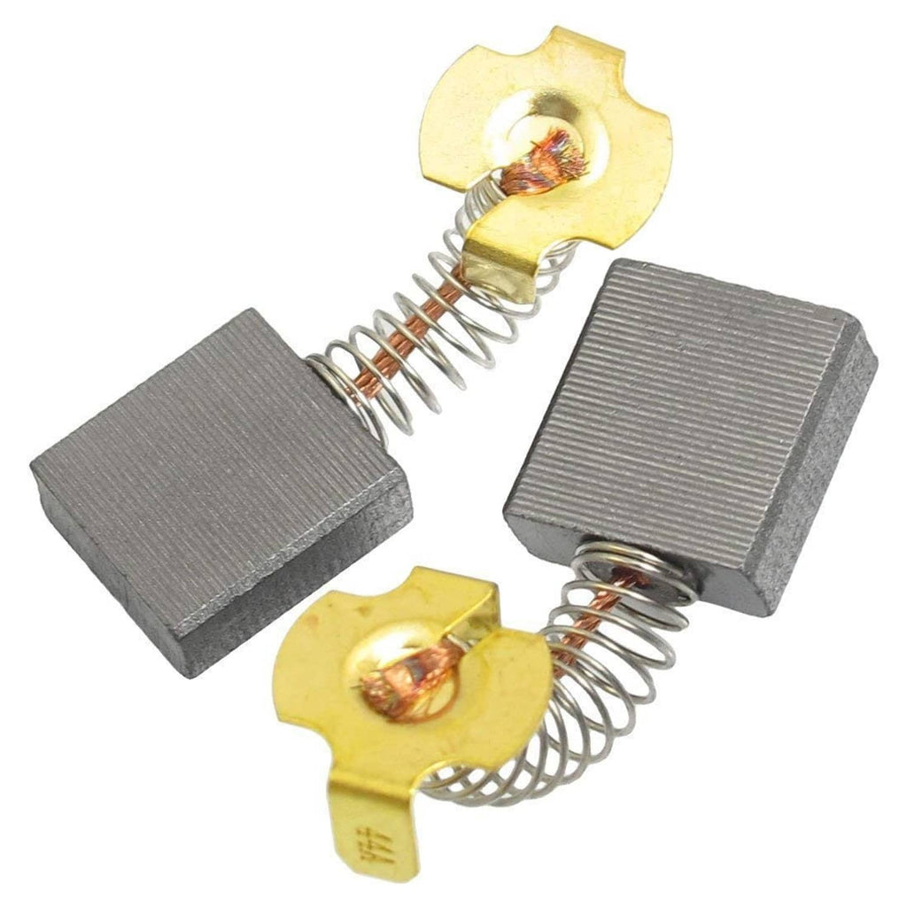 Two gray carbon motor brushes with gold holders and coiled springs