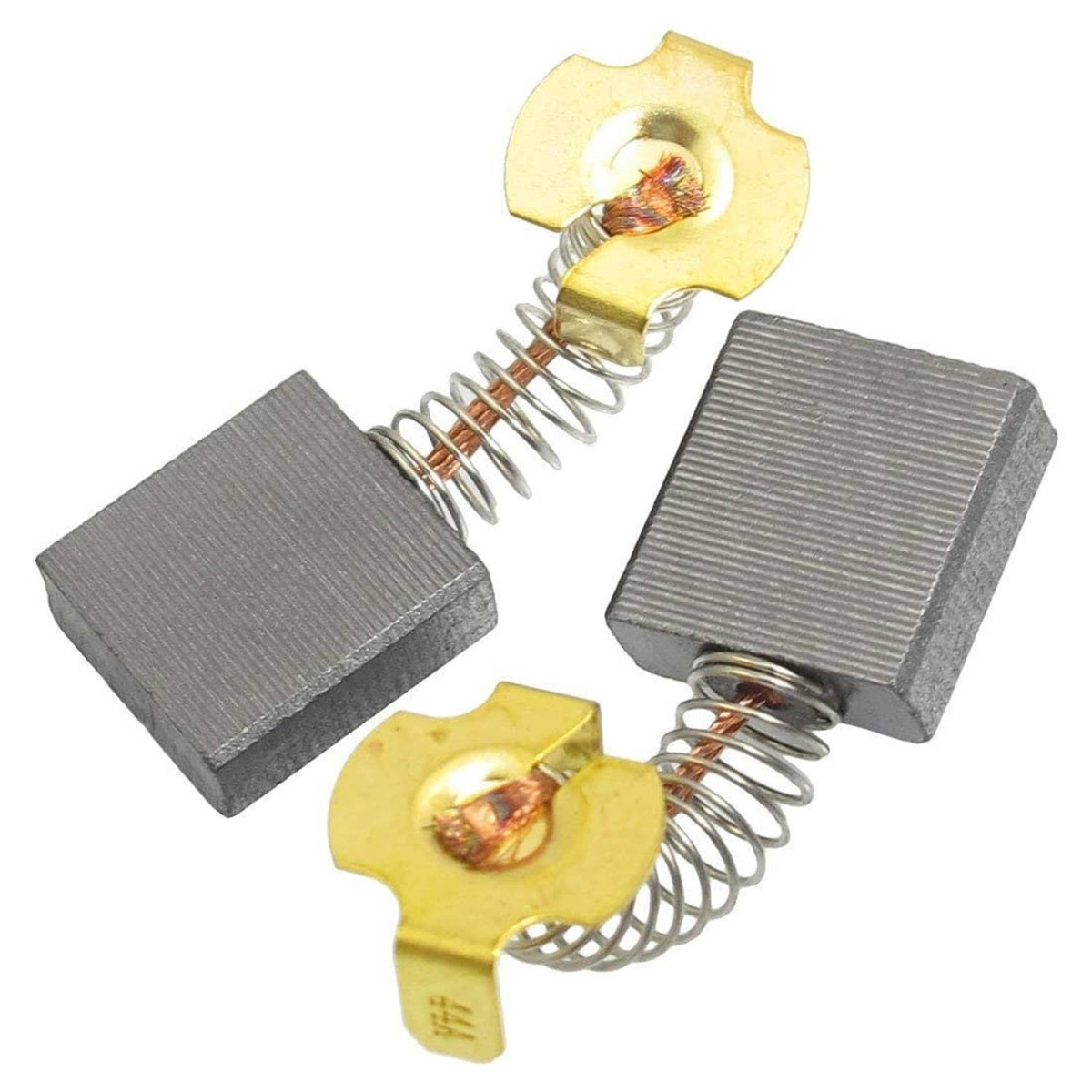 Two gray carbon motor brushes with gold holders and coiled springs