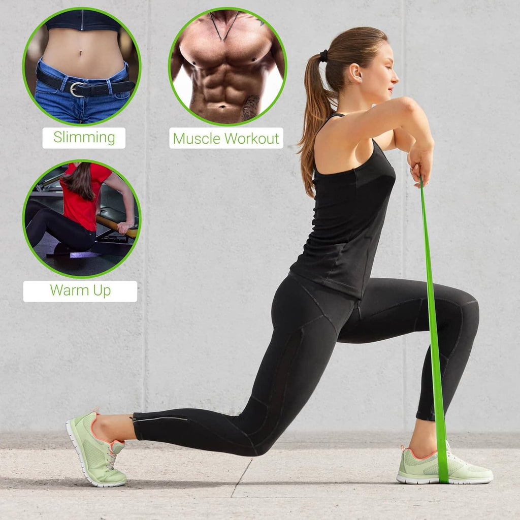 Green resistance loop band in use for a lunge exercise
