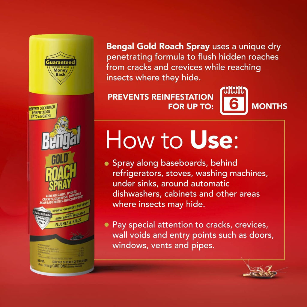 Bengal Gold Roach Spray aerosol can with yellow cap and red label, upright view