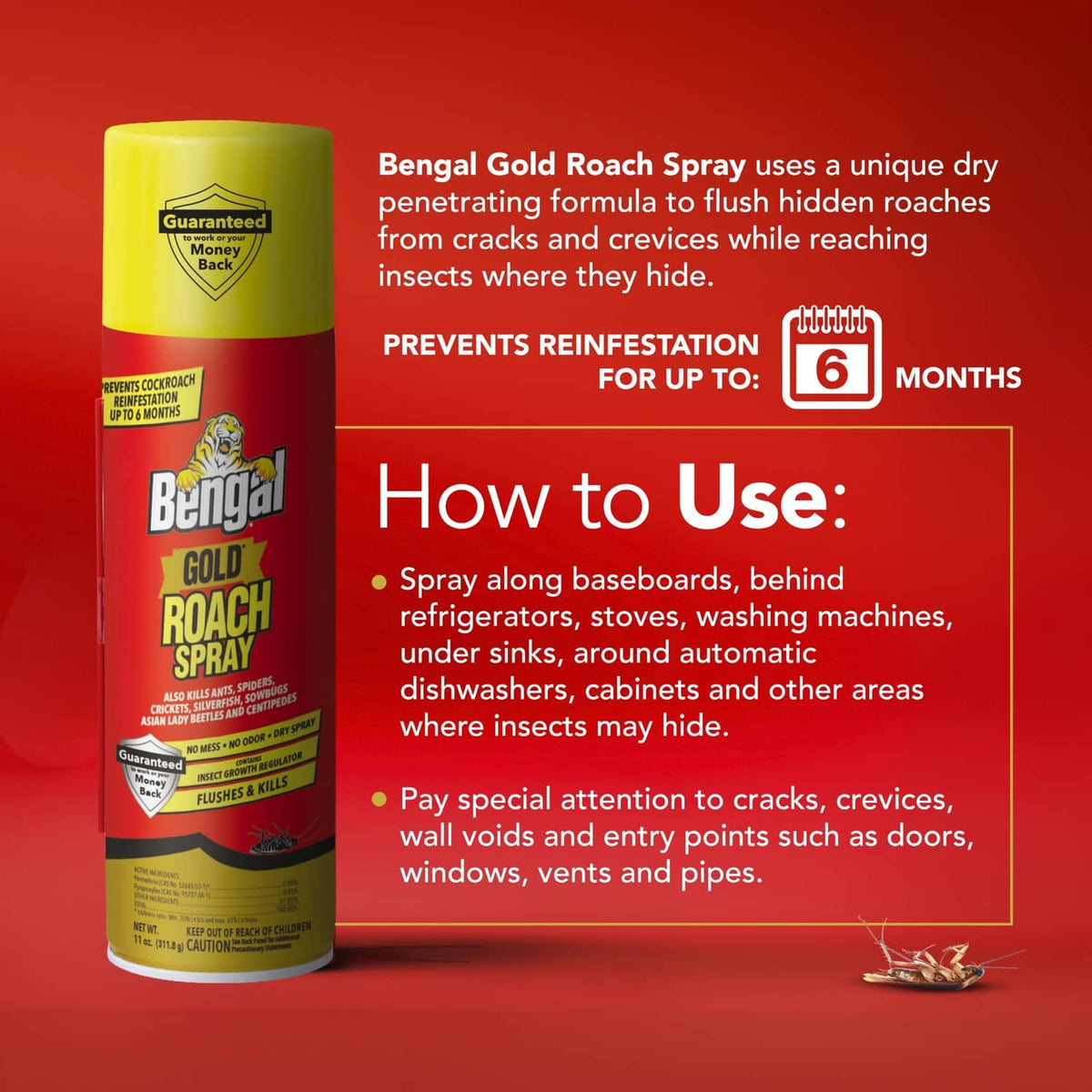 Bengal Gold Roach Spray aerosol can with yellow cap and red label, upright view