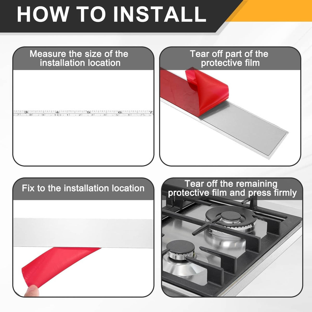 Brushed black stainless steel gap filler strip with protective film and self-adhesive