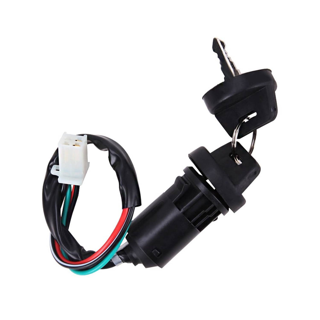 Ignition key switch with two keys and wiring harness, black switch body and plugs