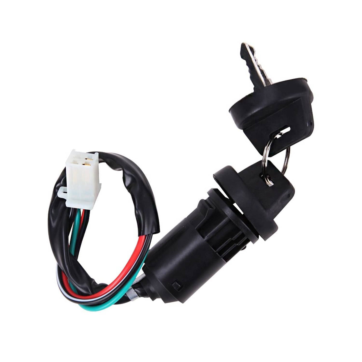 Ignition key switch with two keys and wiring harness, black switch body and plugs