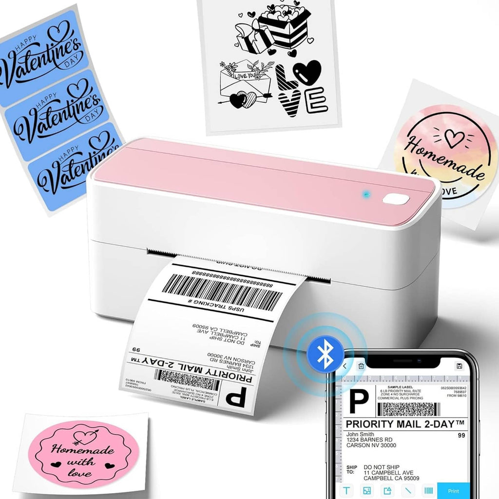 Pink and white Bluetooth thermal label printer with 4x6 shipping label