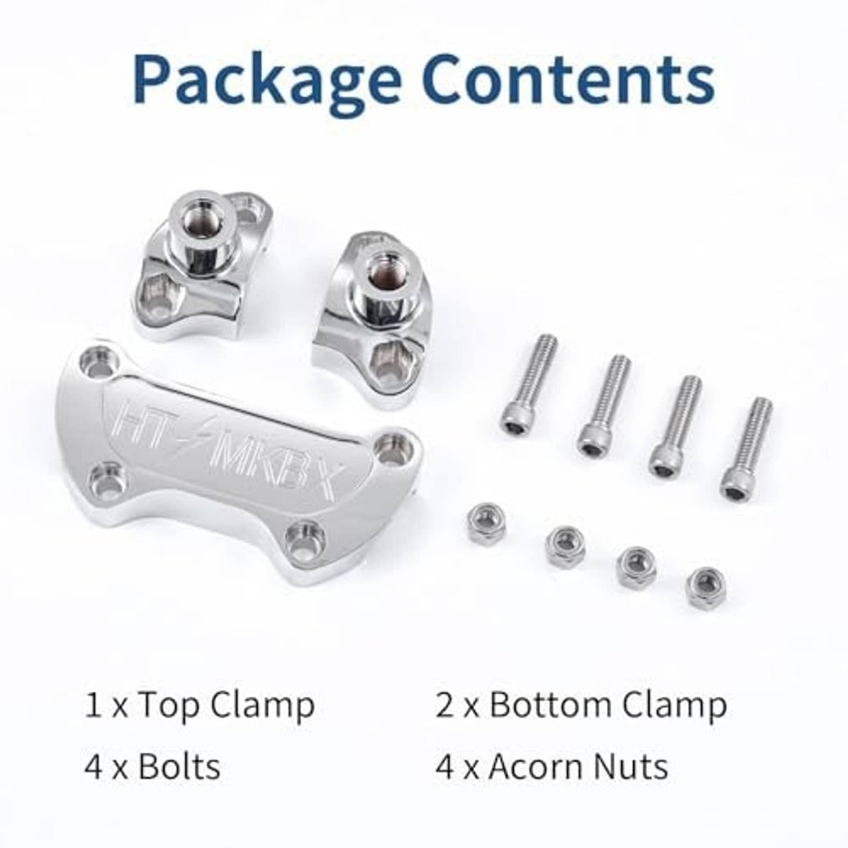 Handlebar riser clamp kit contents: top clamp, bottom clamps, bolts, and acorn nuts