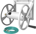 Wall-mounted triangle hose reel with gray/white frame and coiled green garden hose