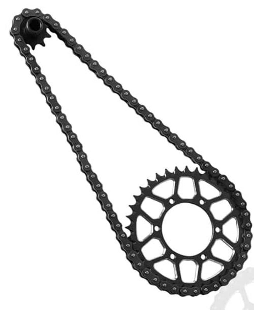 Black chain and 36T rear sprocket gear with hub, angled view
