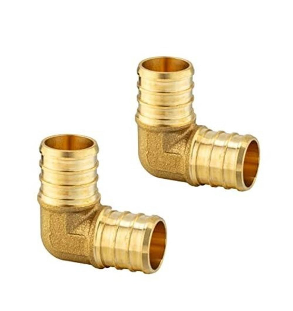 Pair of brass 90-degree PEX elbow barb crimp fittings, angled with open ports