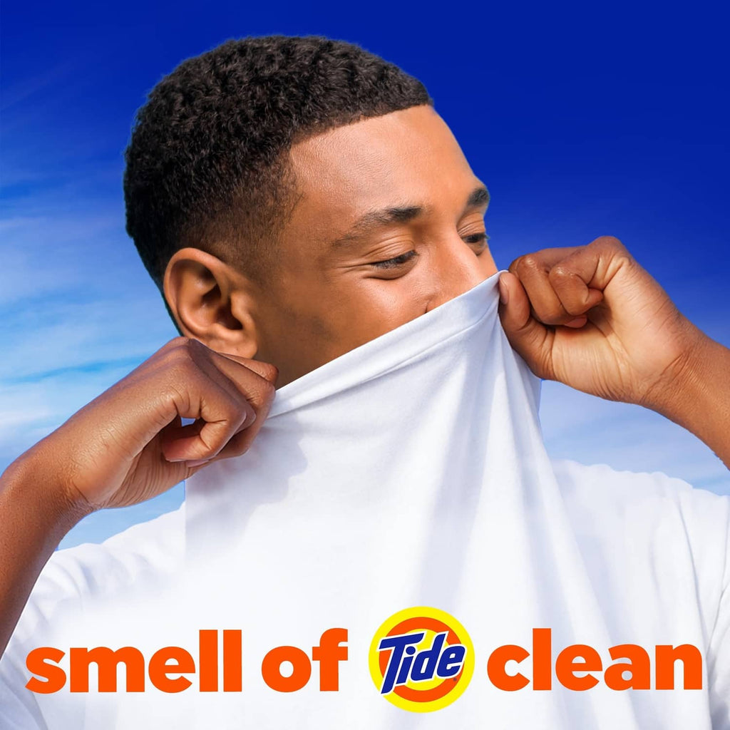 Tide clean concept with person sniffing a white shirt, Tide logo