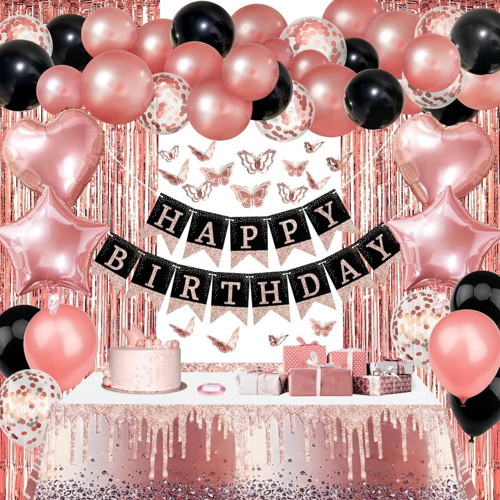 Happy Birthday banner with rose gold, pink, and black balloons and backdrop decorations
