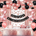 Happy Birthday banner with rose gold, pink, and black balloons and backdrop decorations