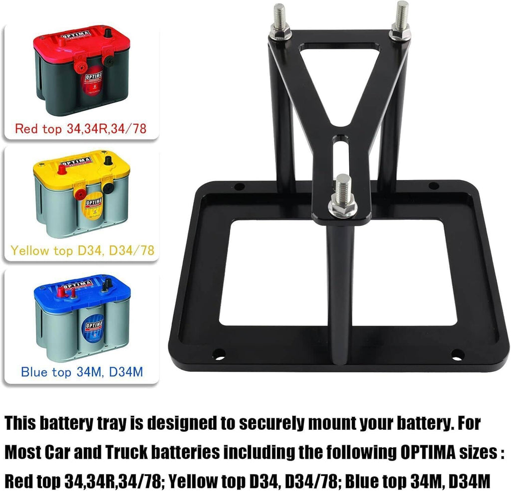 Black battery tray hold-down frame and base plate assembly