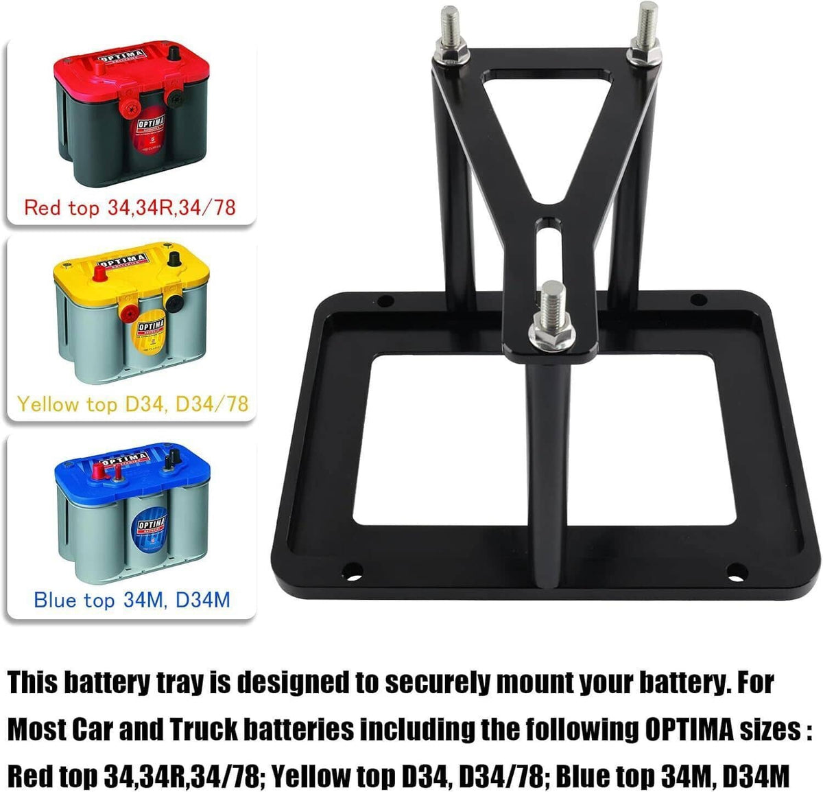 Black battery tray hold-down frame and base plate assembly