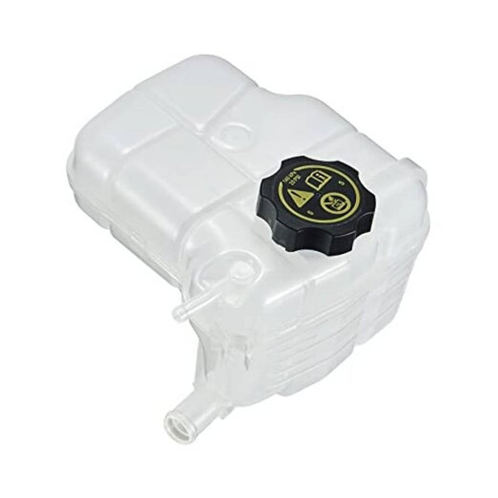 White coolant reservoir tank with black cap and yellow warning icons