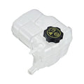 White coolant reservoir tank with black cap and yellow warning icons