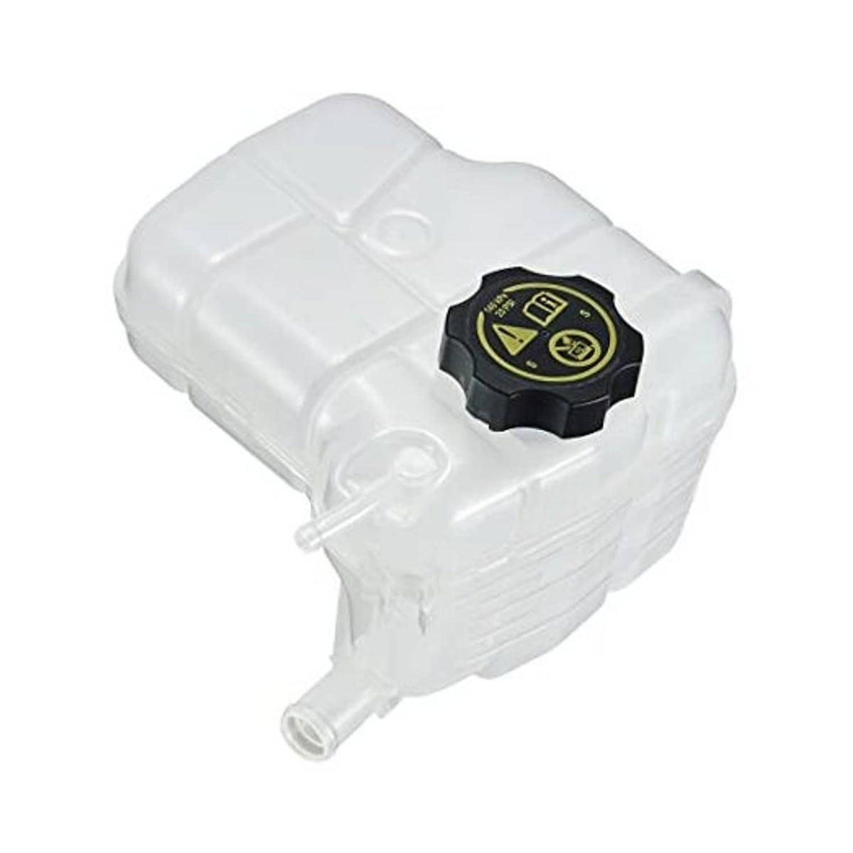 White coolant reservoir tank with black cap and yellow warning icons