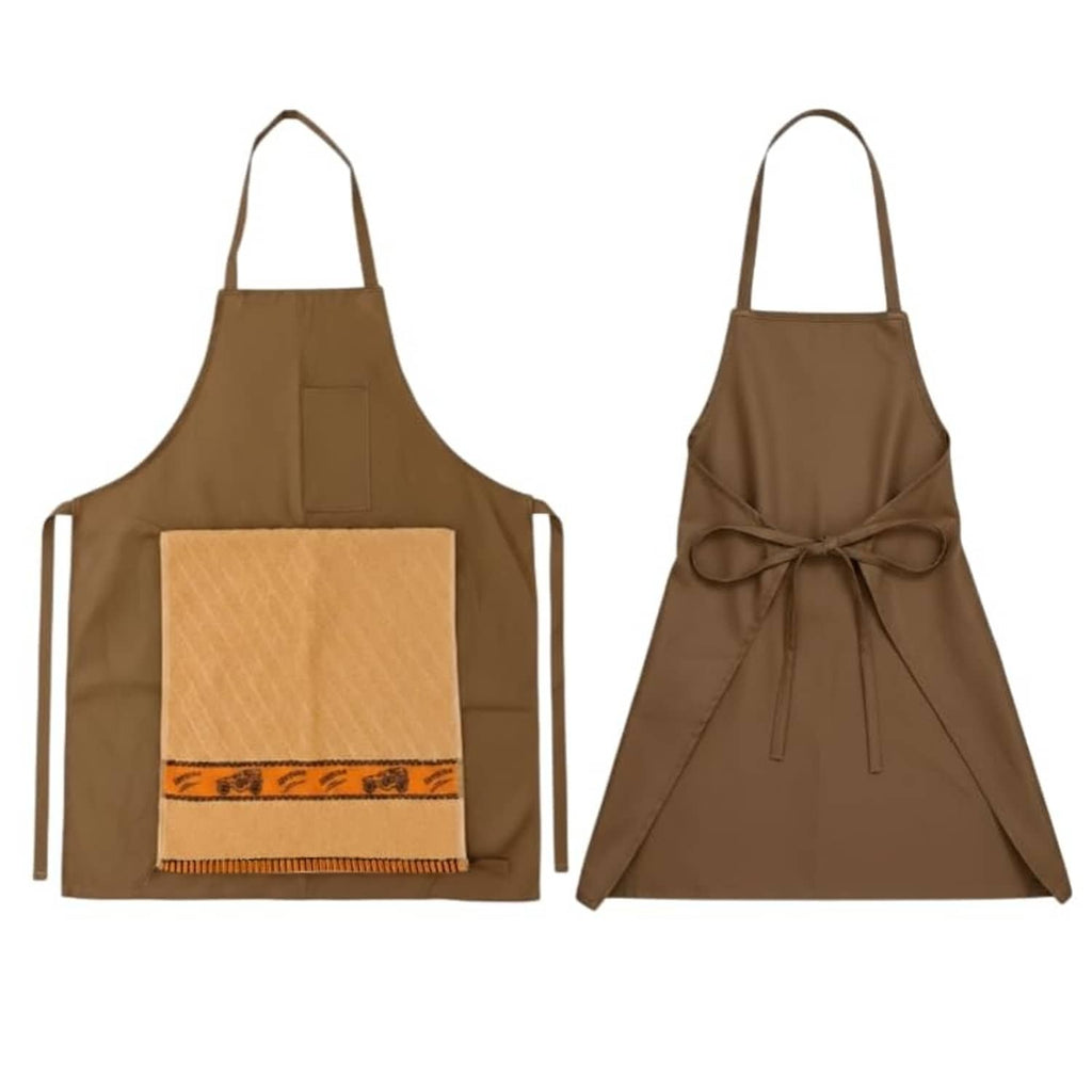 Brown apron front with square pocket and beige panel; tied-back apron view with strings