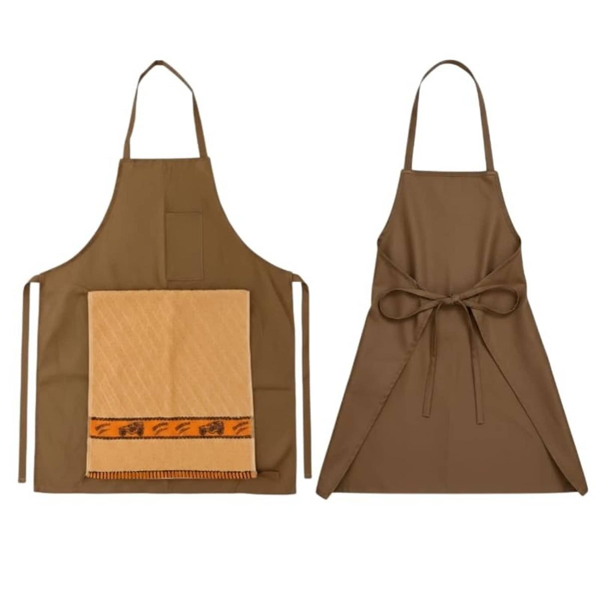 Brown apron front with square pocket and beige panel; tied-back apron view with strings