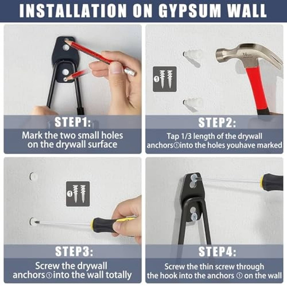 Installation steps for garage J-hooks on drywall using anchors and screws