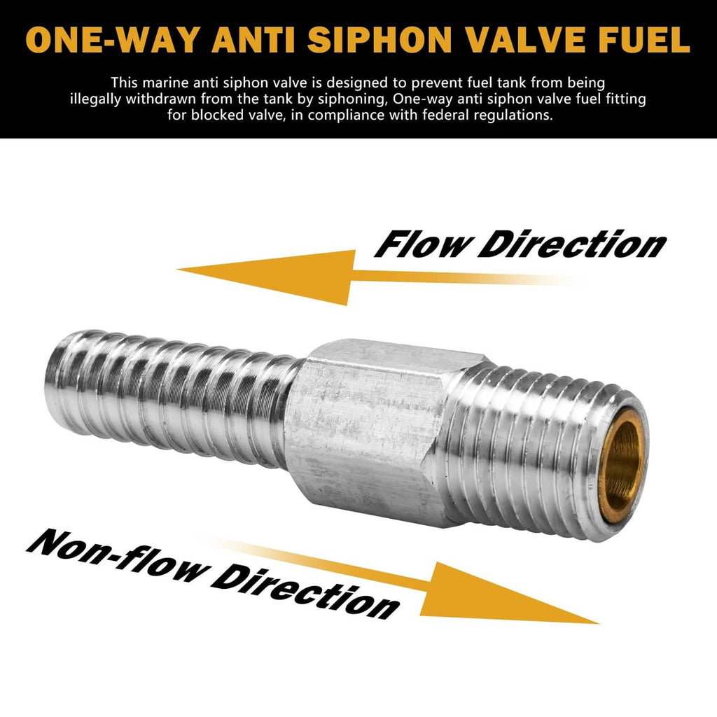 One-way anti-siphon valve fitting with flow direction ends and brass port
