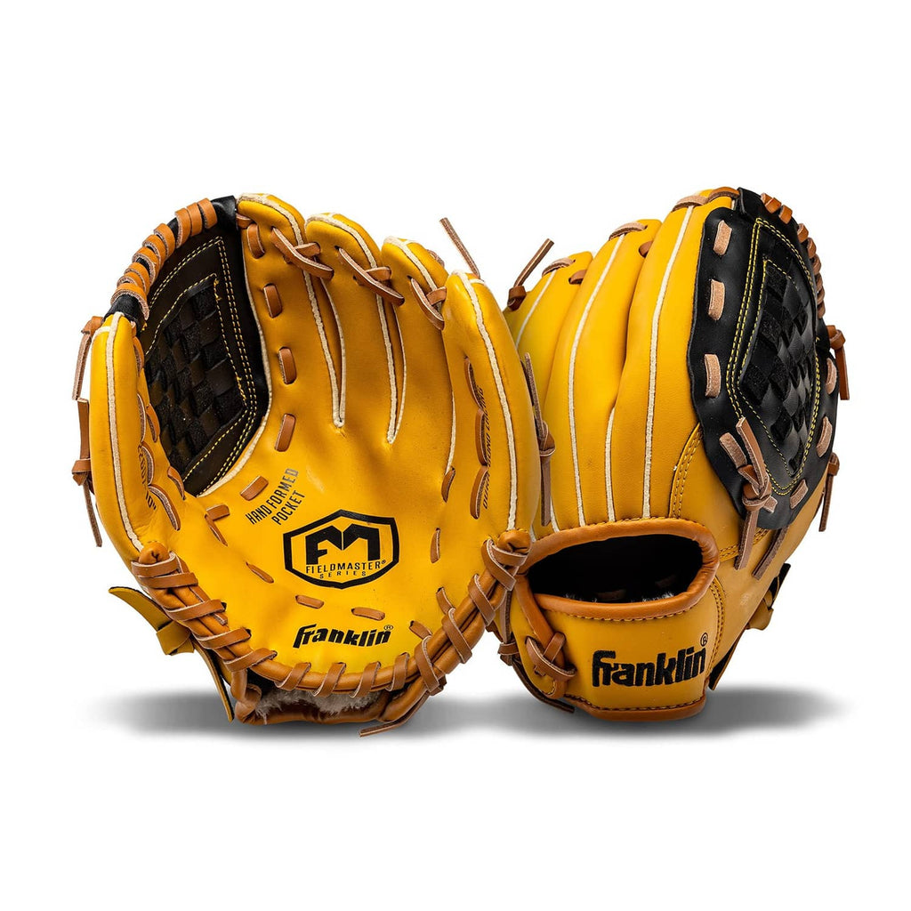 Yellow Franklin adult baseball glove, open catch pocket with black web panel