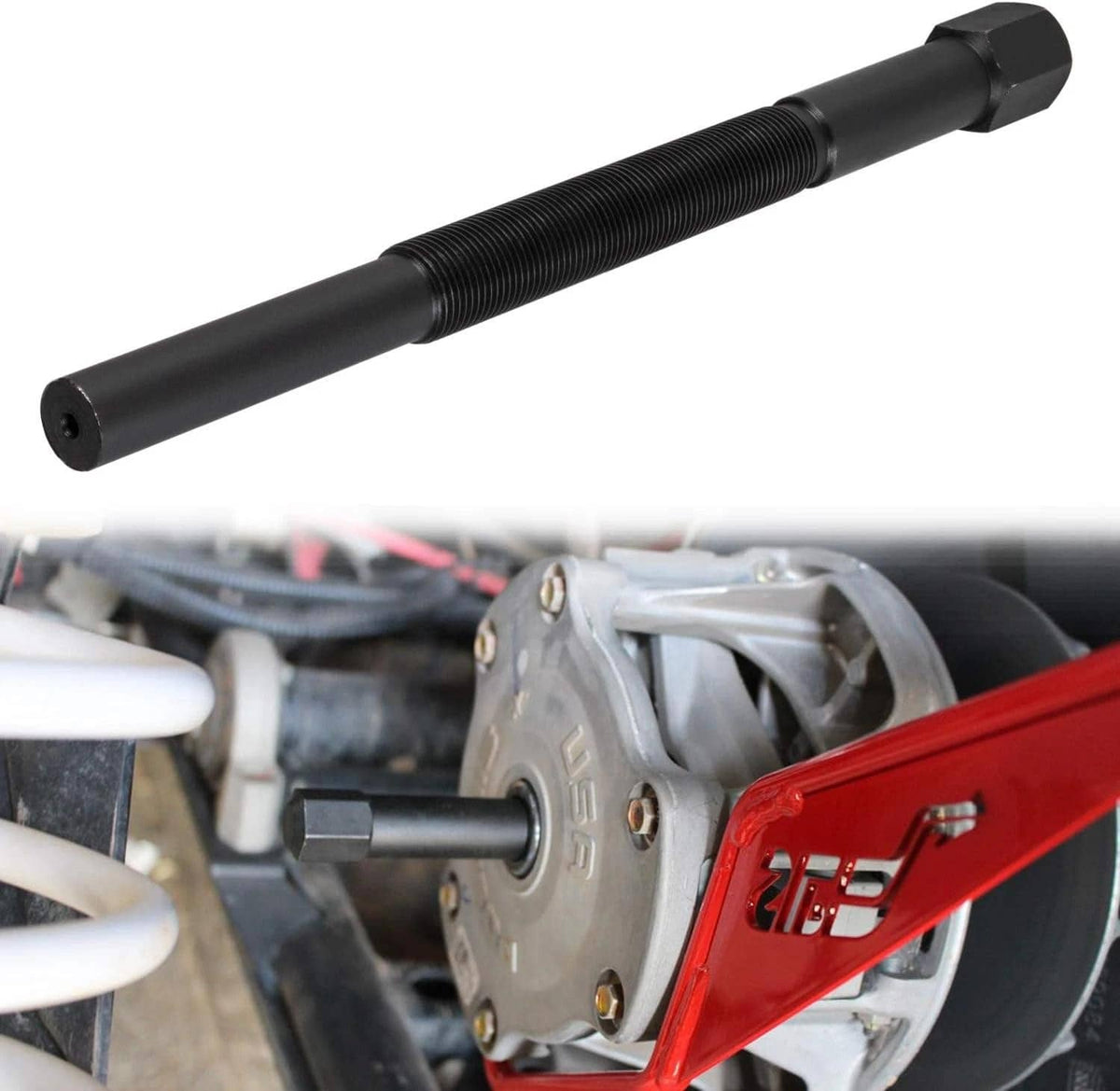 Clutch puller remover tool with black threaded rod and hex drive end