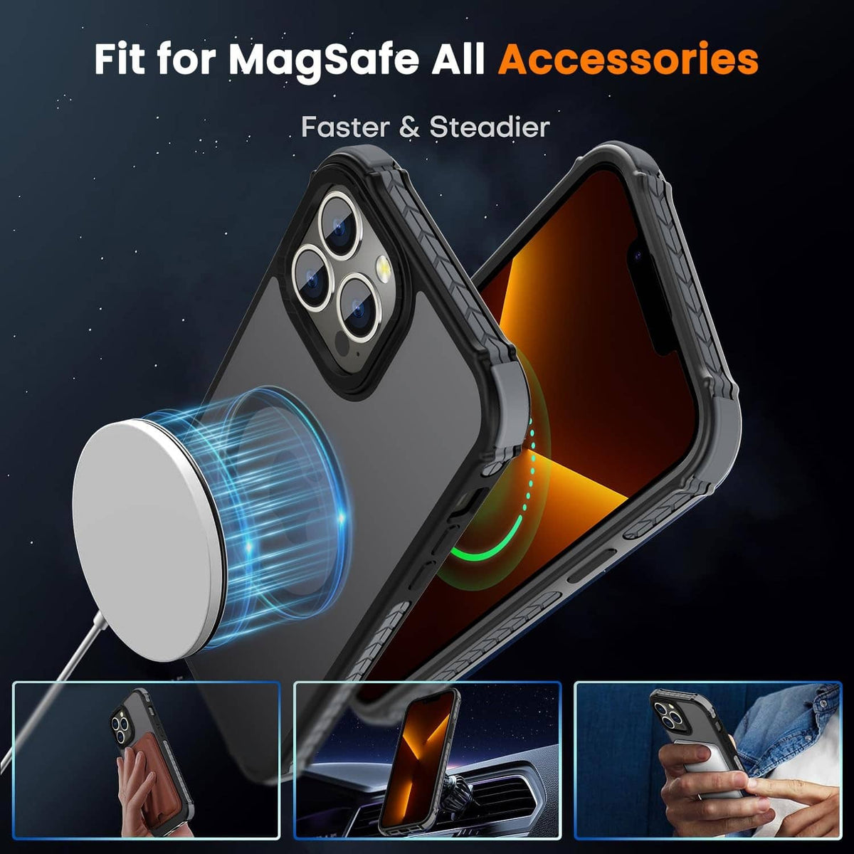 Black MagSafe phone case with circular magnet area and raised camera protection