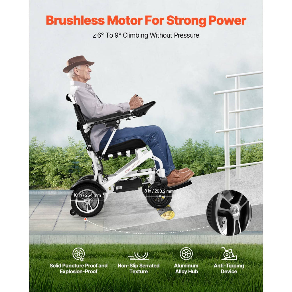 Motorized electric wheelchair with black seat and back, white frame, wide stance