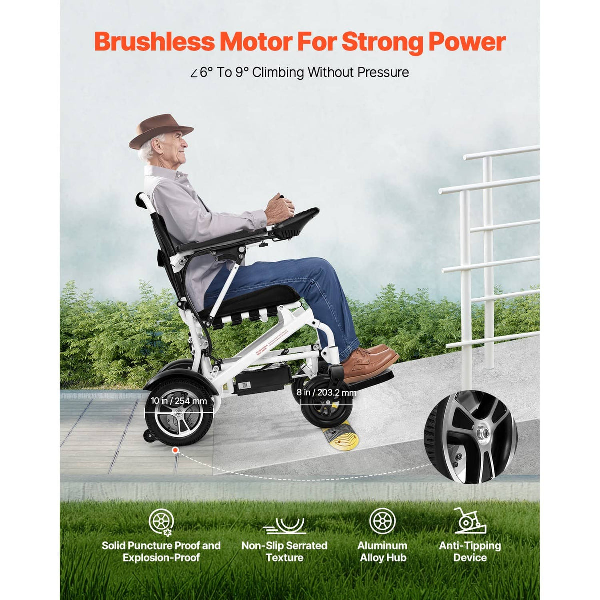 Motorized electric wheelchair with black seat and back, white frame, wide stance