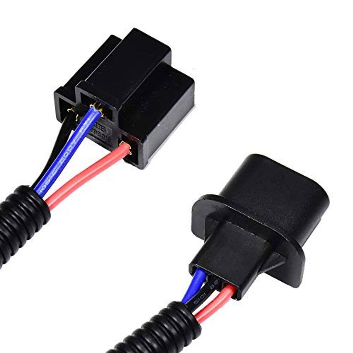 H13 to H4 adapter wiring harness showing black housings and colored wire leads