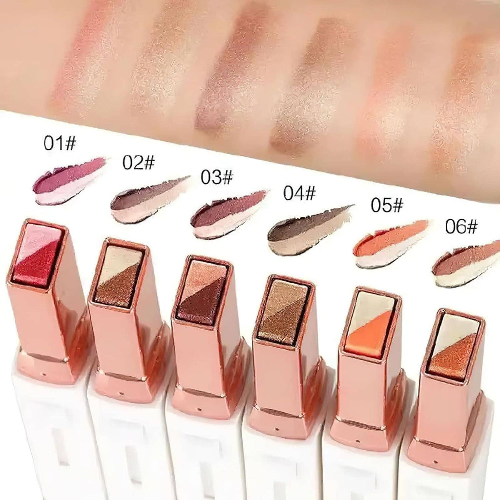 Two-tone glitter eyeshadow stick set with multiple shade swatches on a hand