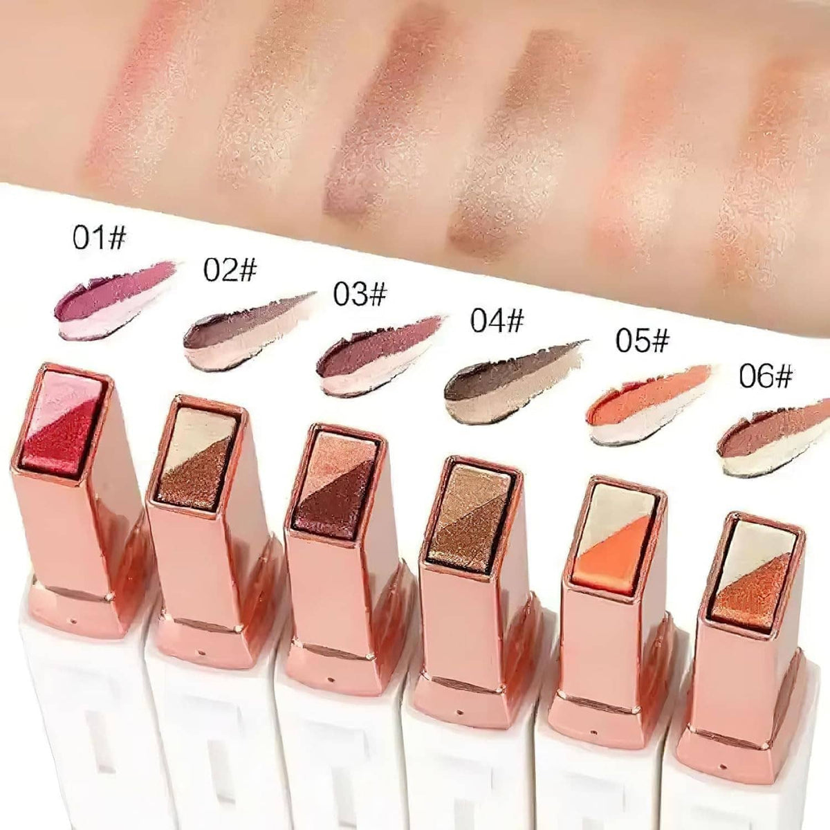 Two-tone glitter eyeshadow stick set with multiple shade swatches on a hand