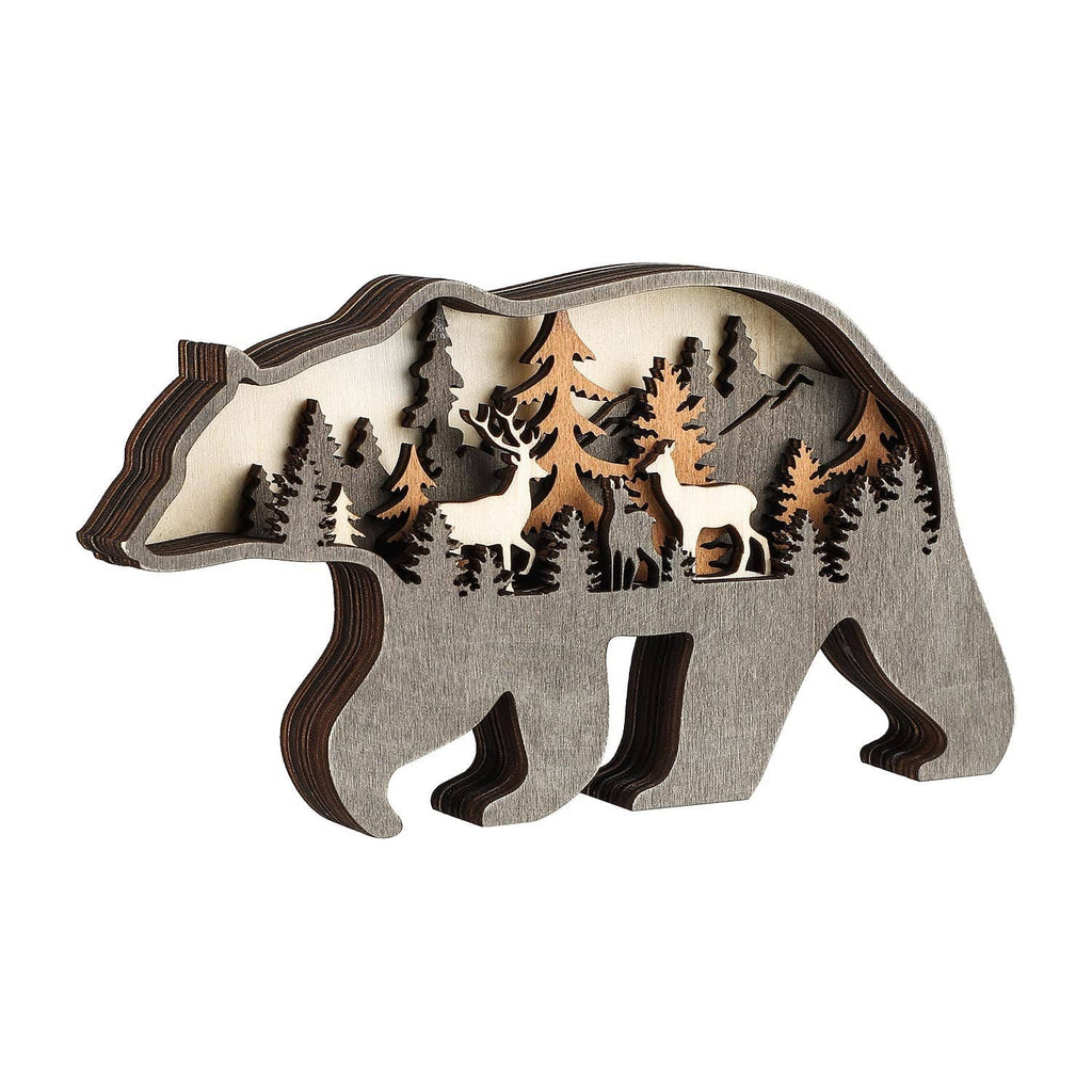 Wooden bear tabletop decor with cutout forest animals and pine trees, rustic layered design