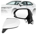 White driver side mirror assembly with black trim and white outer cover