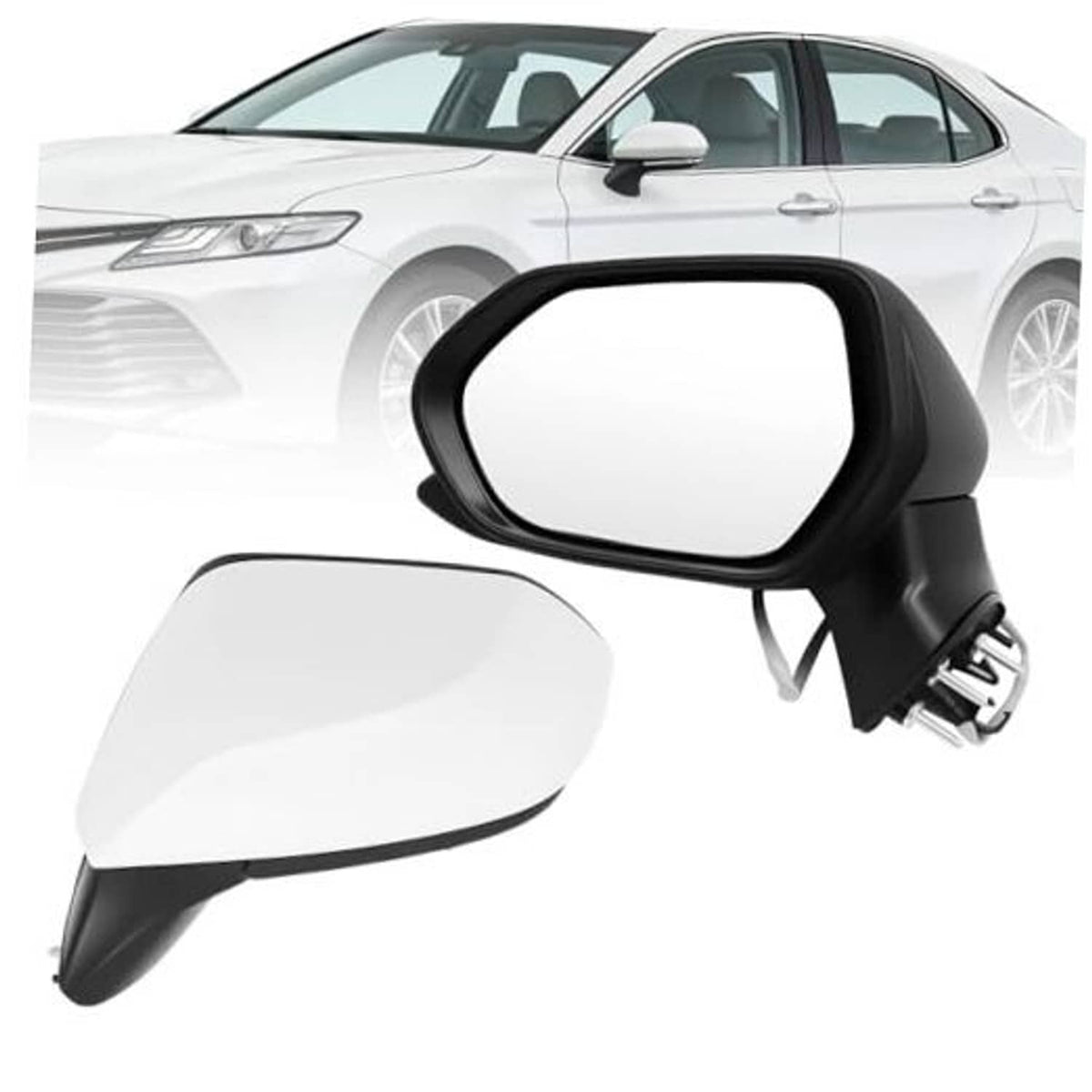White driver side mirror assembly with black trim and white outer cover