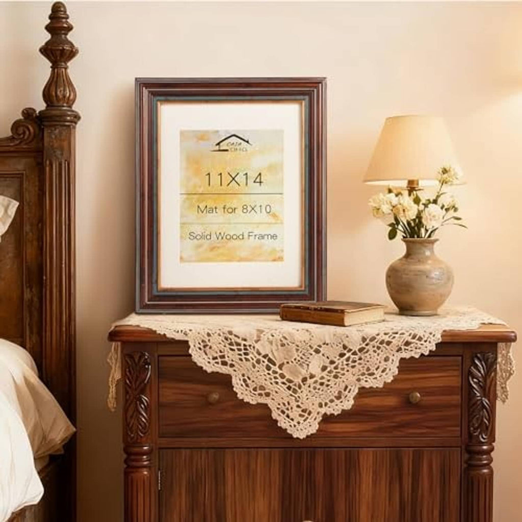 11x14 vintage picture frame on a dresser with glass front and mat insert