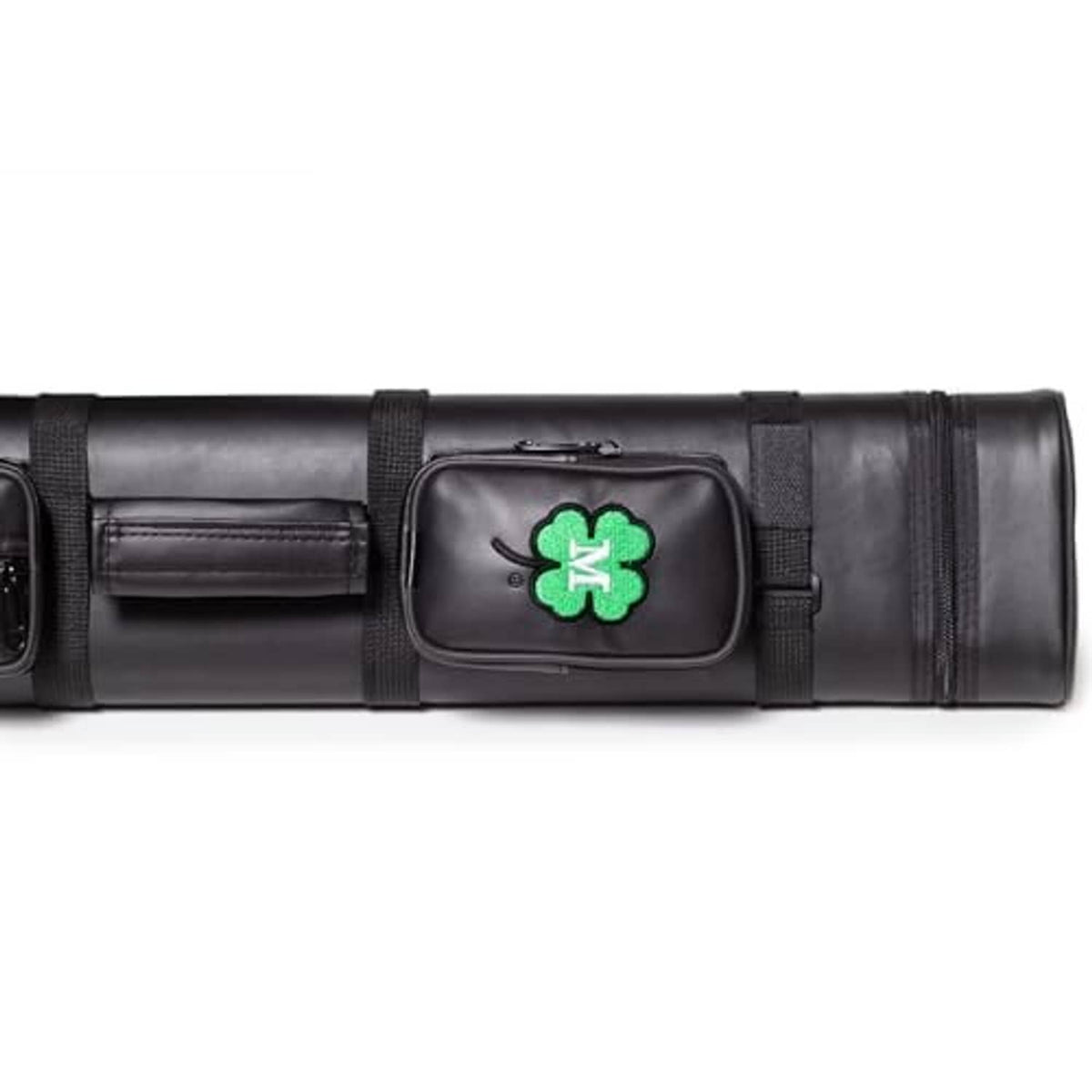 Black hard oval cue case with central clover logo patch, strap handle, and zip pocket.