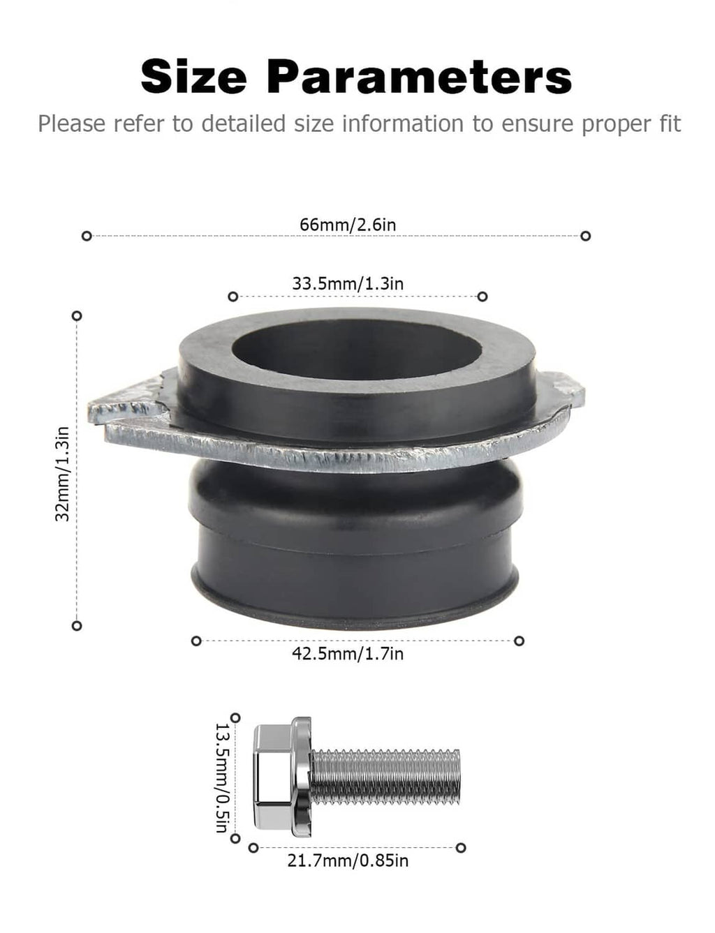 Black rubber flex coupler with flanged base and threaded stainless bolt