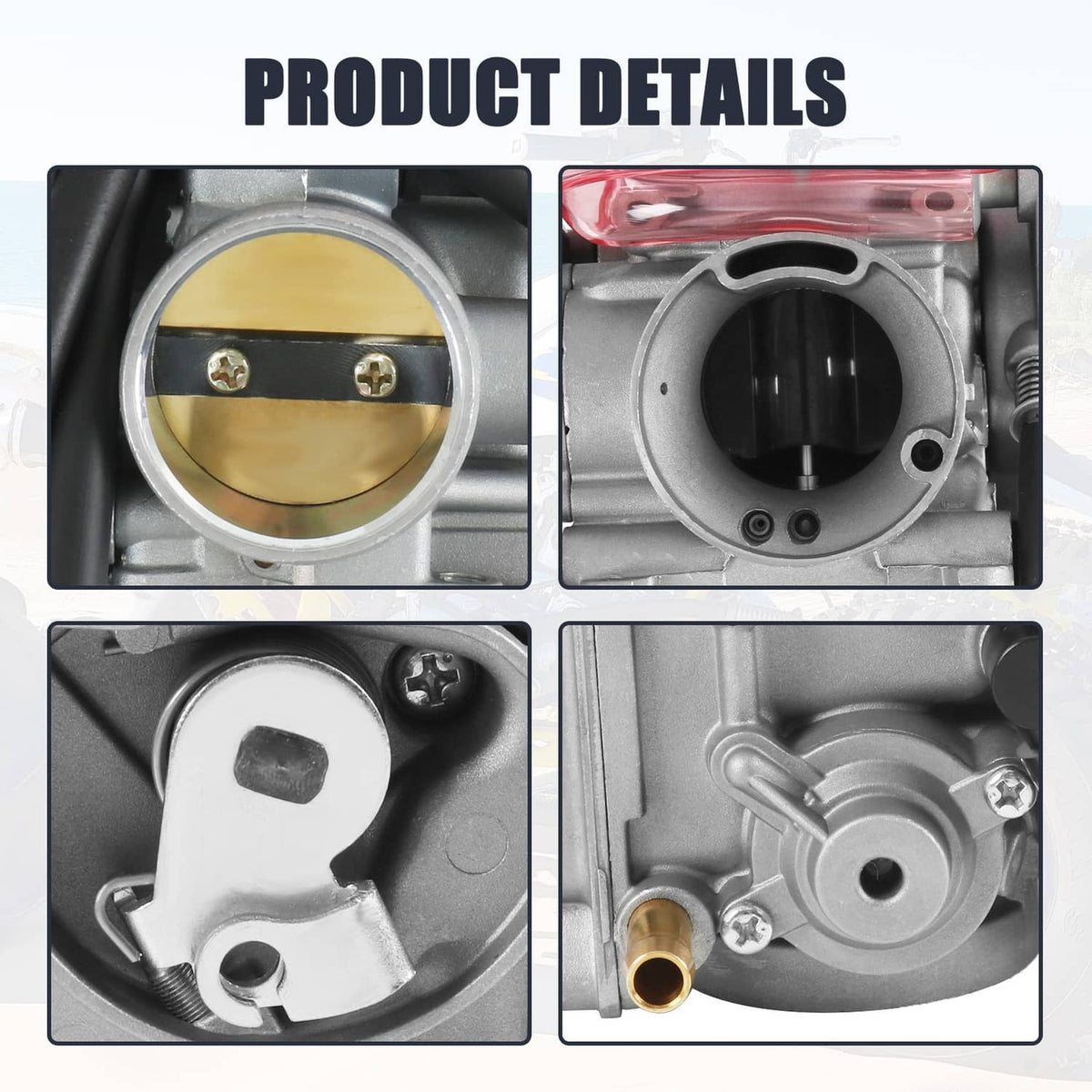 Carburetor detail views showing throttle bore, fittings and mounting screws