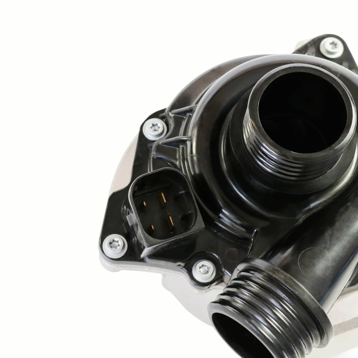 Electric water pump, close-up of black inlet and electrical connector on silver base