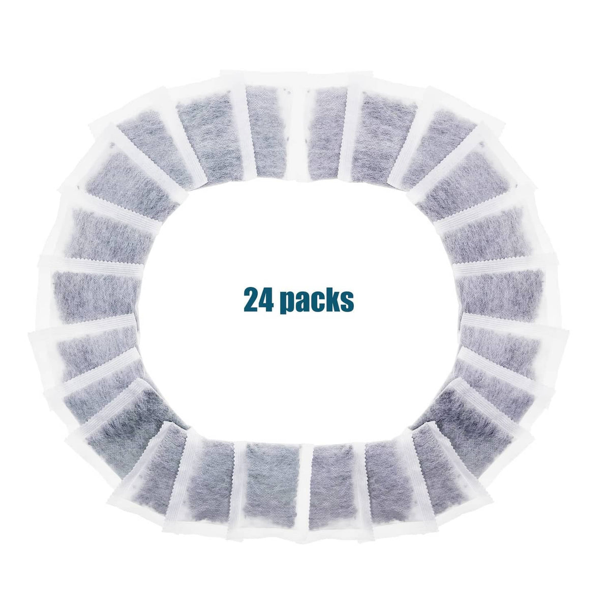 24-pack activated charcoal distiller replacement pads, ring of white sachets with grey charcoal