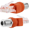 RF to RJ45 adapter plug with orange body, clear RJ45 male connector, and metal threads